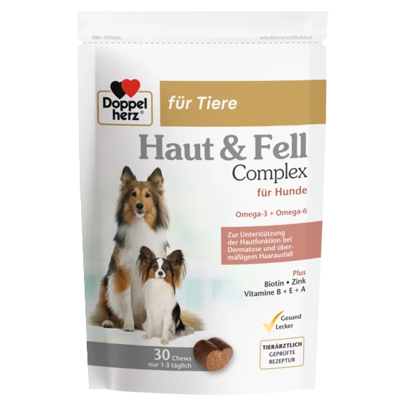 Illustration of the product packaging Doppelherz für Tiere COMPLEX PIELE ȘI BLANĂ PENTRU CÂINI front view